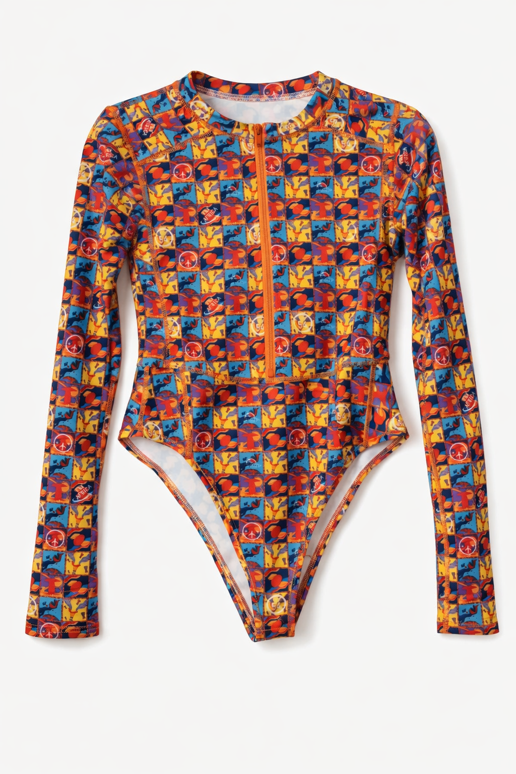 

A bold, long-sleeve zip-front swimsuit that blends performance swimwear with graphic, patchwork artistry. The style features a vibrant mosaic of symbols, numbers, and travel-inspired motifs&nbsp;

Key Features

Silhouette: Close-fitting long-sleeve one-piece with high neckline and high-cut leg openings for a sleek, elongating line.

Closure: Smooth front zipper for easy on/off and adjustable coverage; clean zipper placket finish.

Print: Signature asymmetrical mosaic patchwork combining travel-inspired ic