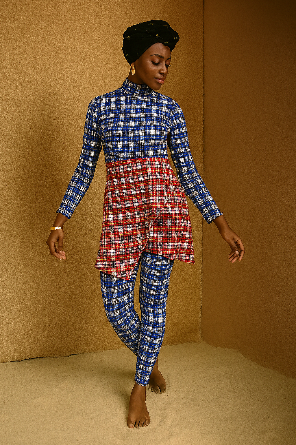 Ama Dress – Modest Asymmetrical Plaid Swim Dress