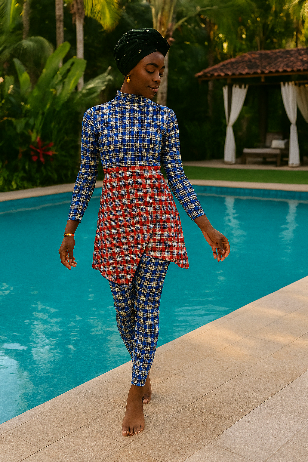 Ama Dress – Modest Asymmetrical Plaid Swim Dress